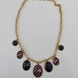 Talbots Indigo Navy Blue White Red Striped and Faceted Gold Necklace
